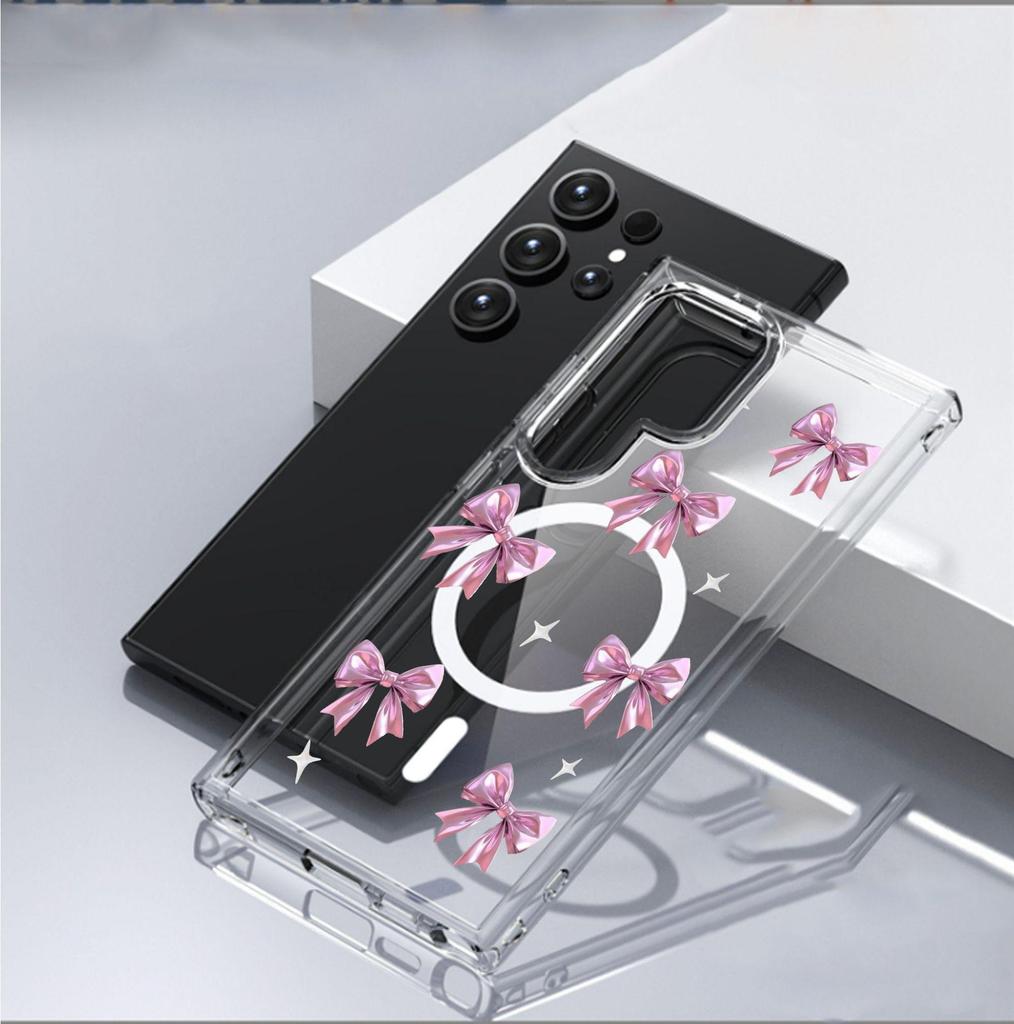 Rosa Schleife Magnetische Transparente Vollabdeckung Hülle für iPhone 15/16/17 Pro Max