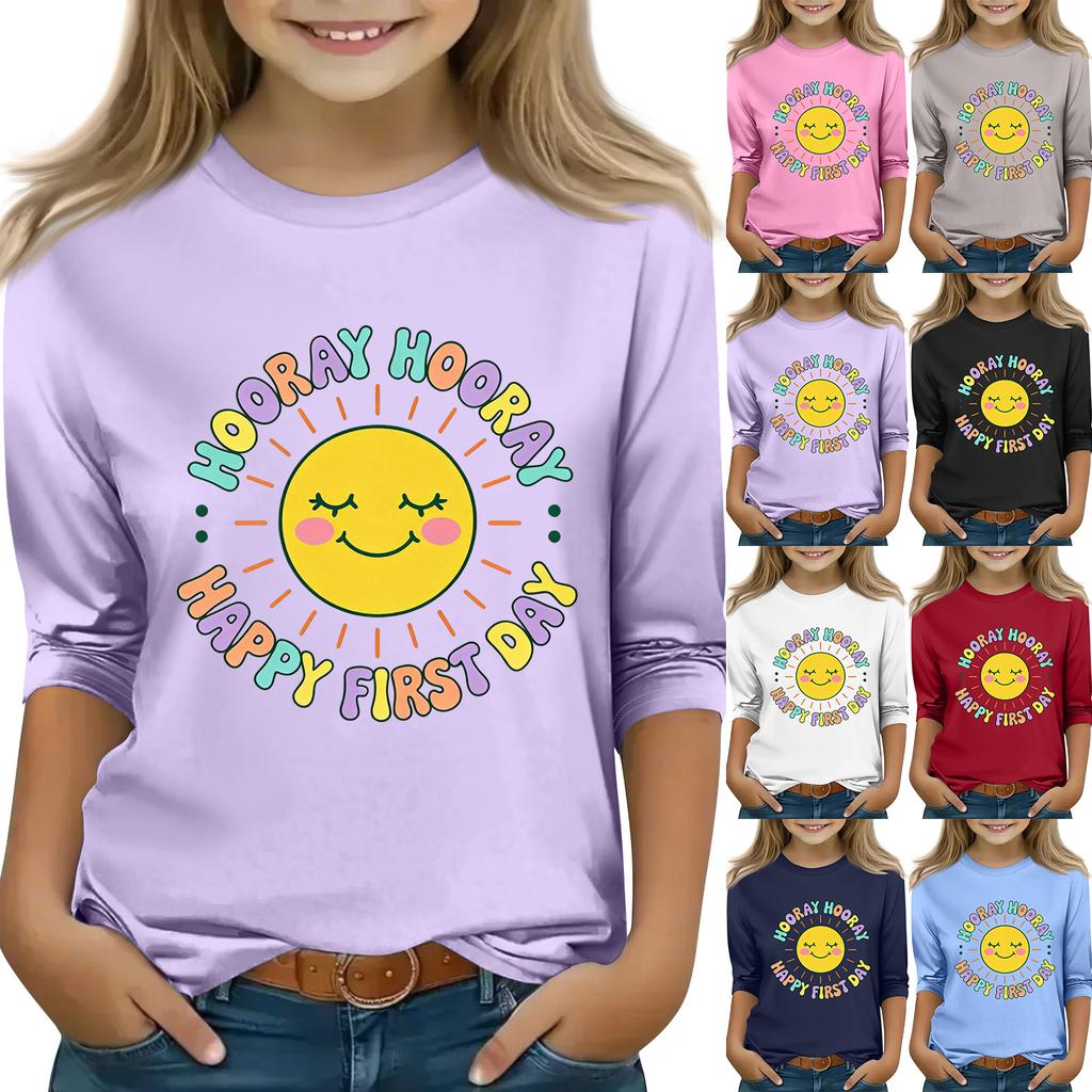 Kids Casual Printed Round Neck 3/4 Sleeve Top for Back To School