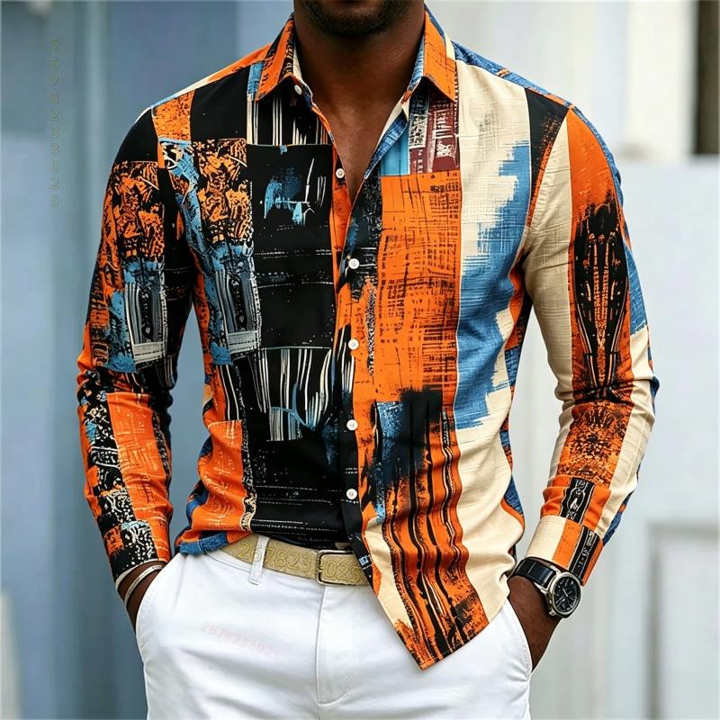 Men's Shirt, Casual Long Sleeved Shirt, Contrasting Color Patchwork Printed Shirt, Fashionable Casual Single Breasted Men's Shir