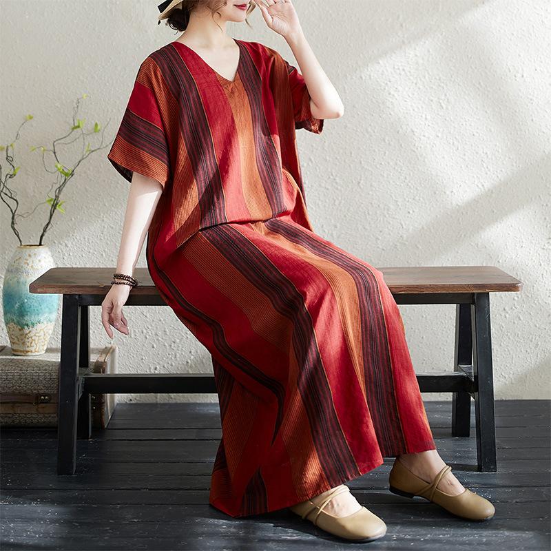 Summer Thin Cotton Linen Print V-neck Loose Oversized Simple Casual Vacation Style Medium Long Dress for Women Dresses