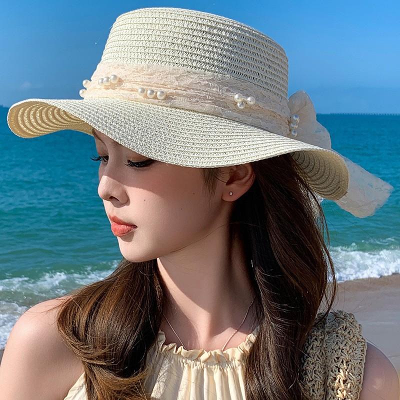 Lace Bow Big Brim Straw Hat Spring and Summer New Sunscreen Beach Sun Hat Fresh and Sweet Bucket Hat