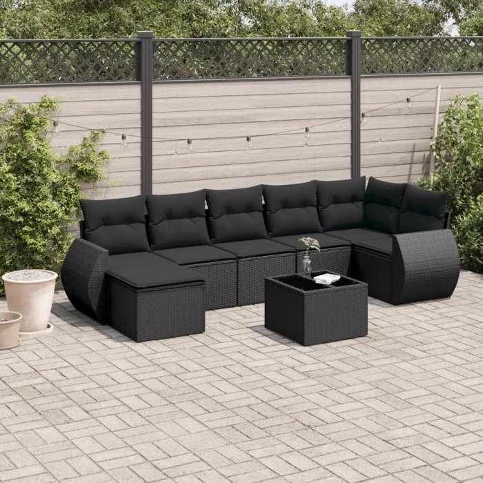 VidaXL Salon de Jardin avec Coussins 8 pcs, Canapés de Terrasse, Ensemble de Meubles de Patio, Mobilier d'Extérieur, Noir 3221684