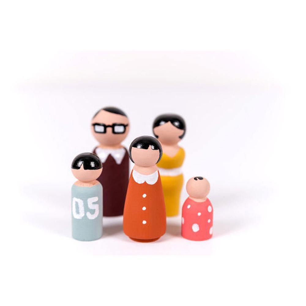 5Pcs Wooden Peg Dolls Family DIY Crafts Cake Topper Kid's Printed Decoration