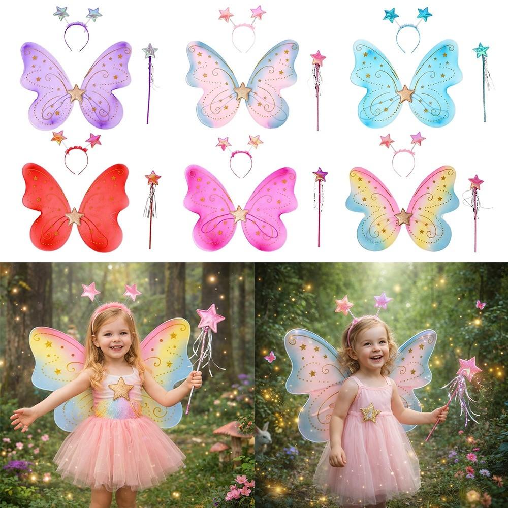 3Pcs/Set Sparkling Butterfly Wings Fairy Wand Princess Hair Hoop Fancy Dress Colorful Butterfly Costume Wings