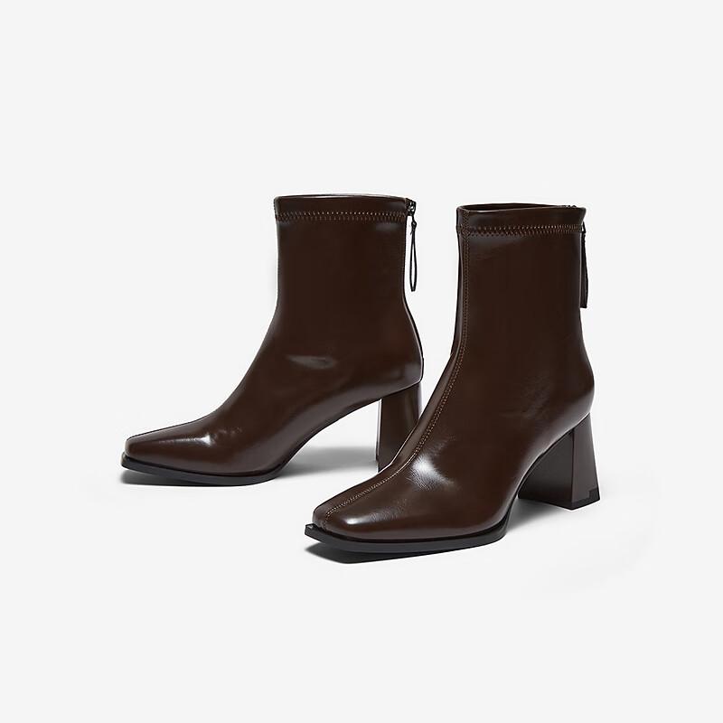 Besto Women's Square Toe Chunky Heel Mid-Calf Boots B2812DZ5
