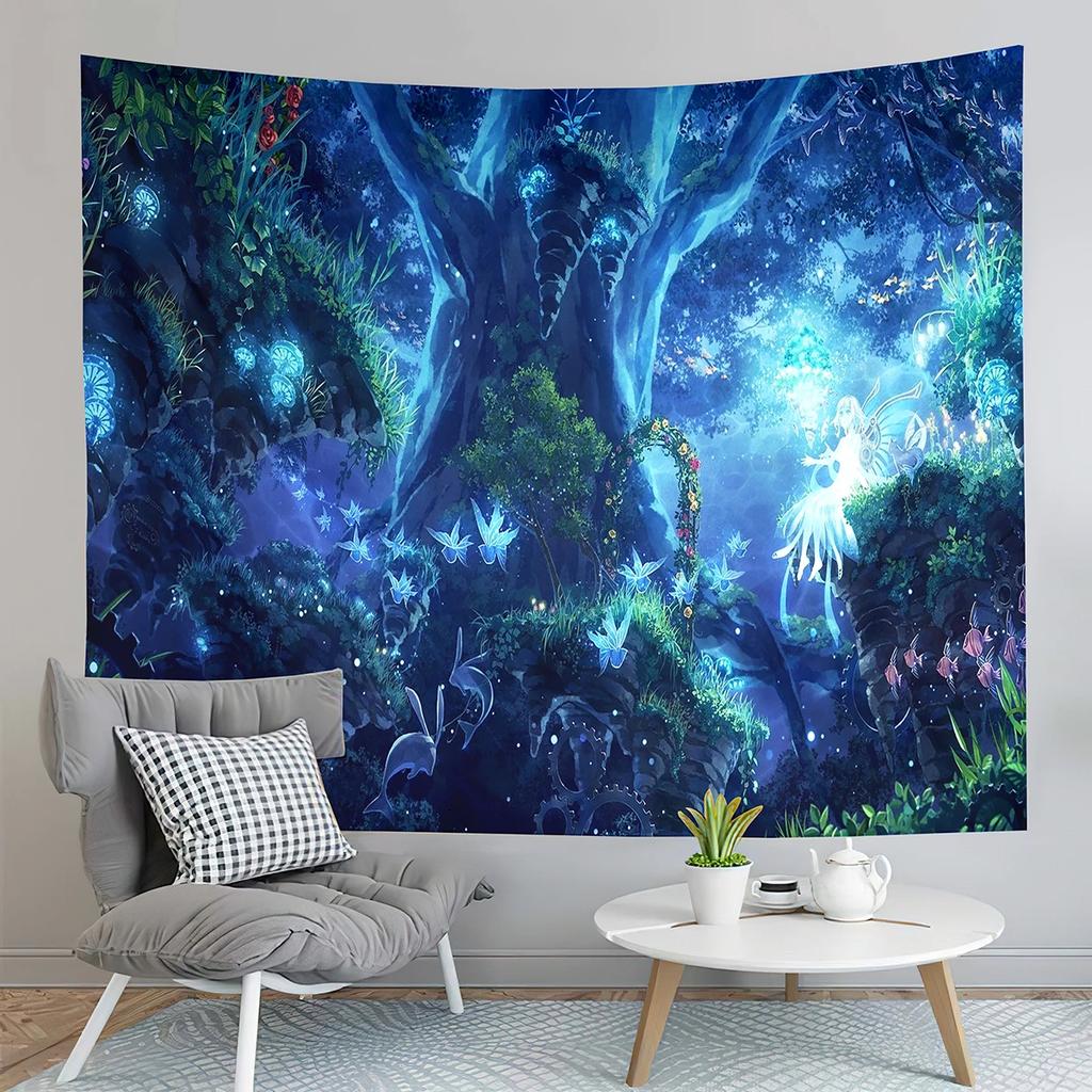 Fairy Tale Forest Tapestry Full Moon Night  Red Mushroom  Living Room Bedroom Dormitory