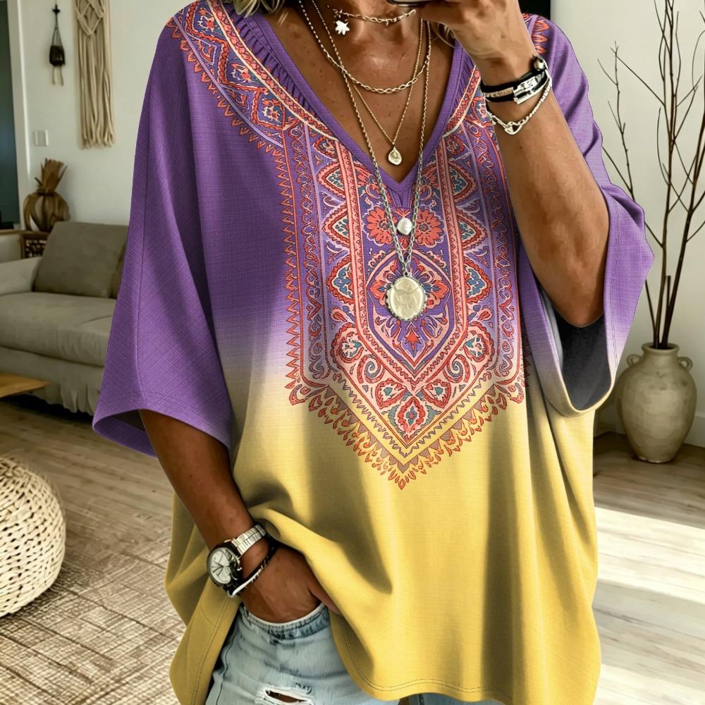 Printed Plus Size Women's V-neck Bat Sleeve T-shirt Bohemian Ethnic Style Printed Loose Top