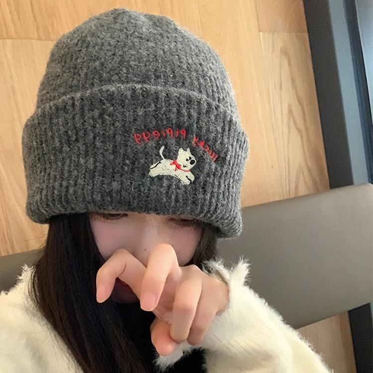 Cute Puppy Embroidered Knitted Wool Hat Children Autumn and Winter Versatile Big Head Circumference Showing Small Face Warm Bag Head Cold Hat