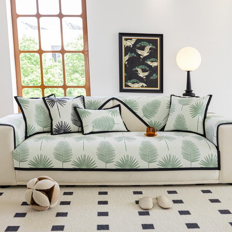 Chenille Printing Black Border Sofa Cover Leaves Sofa Cushion Light Luxury Living Room Sofa Protective Cover Non-Slip Couch Mat