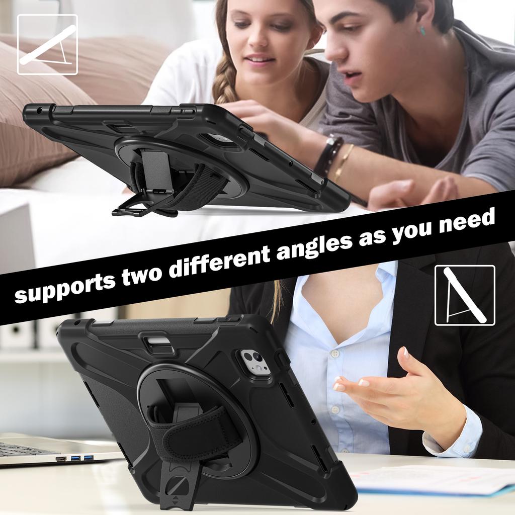 BILLTON Armored Shockproof Stand Case for iPad Pro 11 M4/M5 2024/2025 with Pencil Holder Shoulder Strap & Palm Band (27x22)