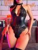 S-Xxl Halter Backless Lace Transparent Swimsuit Tight Faux Pu Leather High Cut Thong Bodysuit Sexy Clubwear Body Teddies Leotard