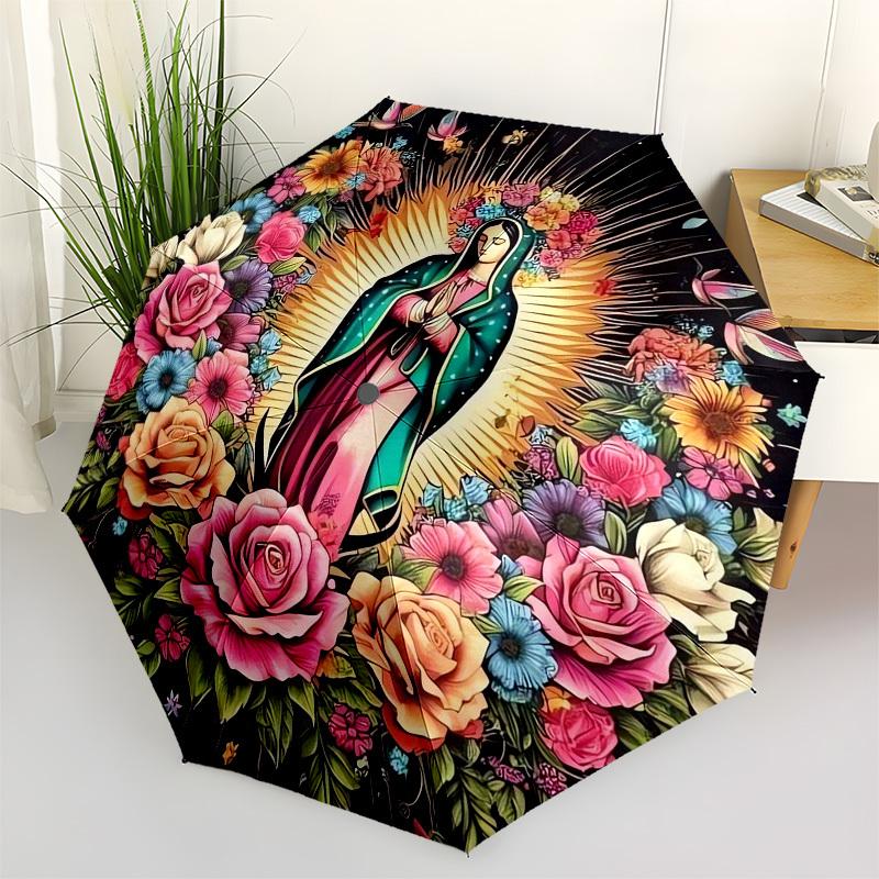 

1pc Virgin of Guadalupe with Floral Halo Umbrella with Plastic Handle,Suitable for All Seasons Home Travel Outdoor UmbrellaB1921