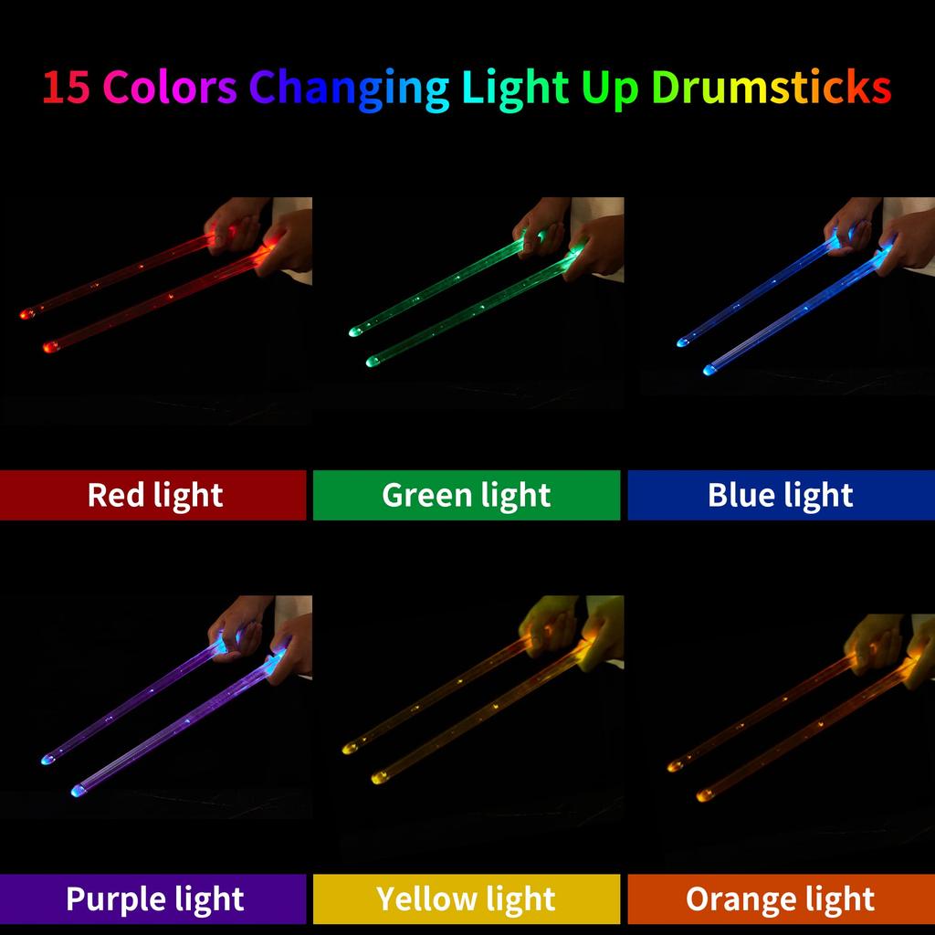 Illuminated Drumsticks (USB Charging), LED Light Sticks, with Bag, Light-Up Drumsticks (15 Colors, Pair of 2, Rechargeable)