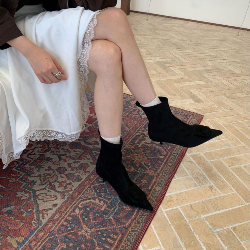 2025 new autumn and winter French versatile pointed kitten heel buckle short boots elastic thin boots Korean version socks boots women