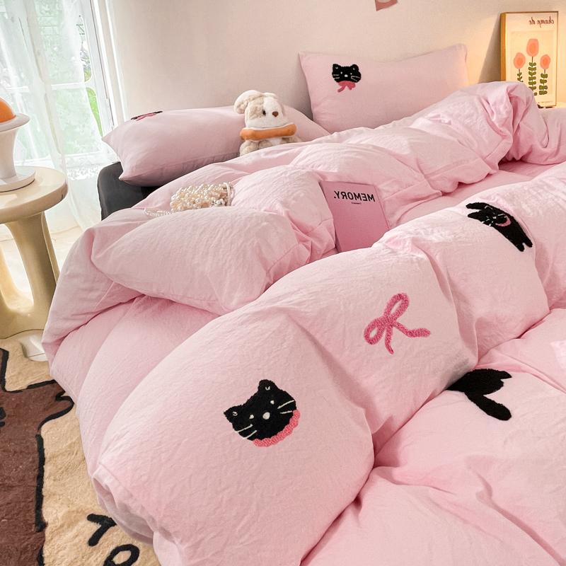 Korean Style Pink Bedding Set Black Cat Embroidery Washed Cotton  Duvet Cover Cute Cardboard  Bed linen Comforter Sets