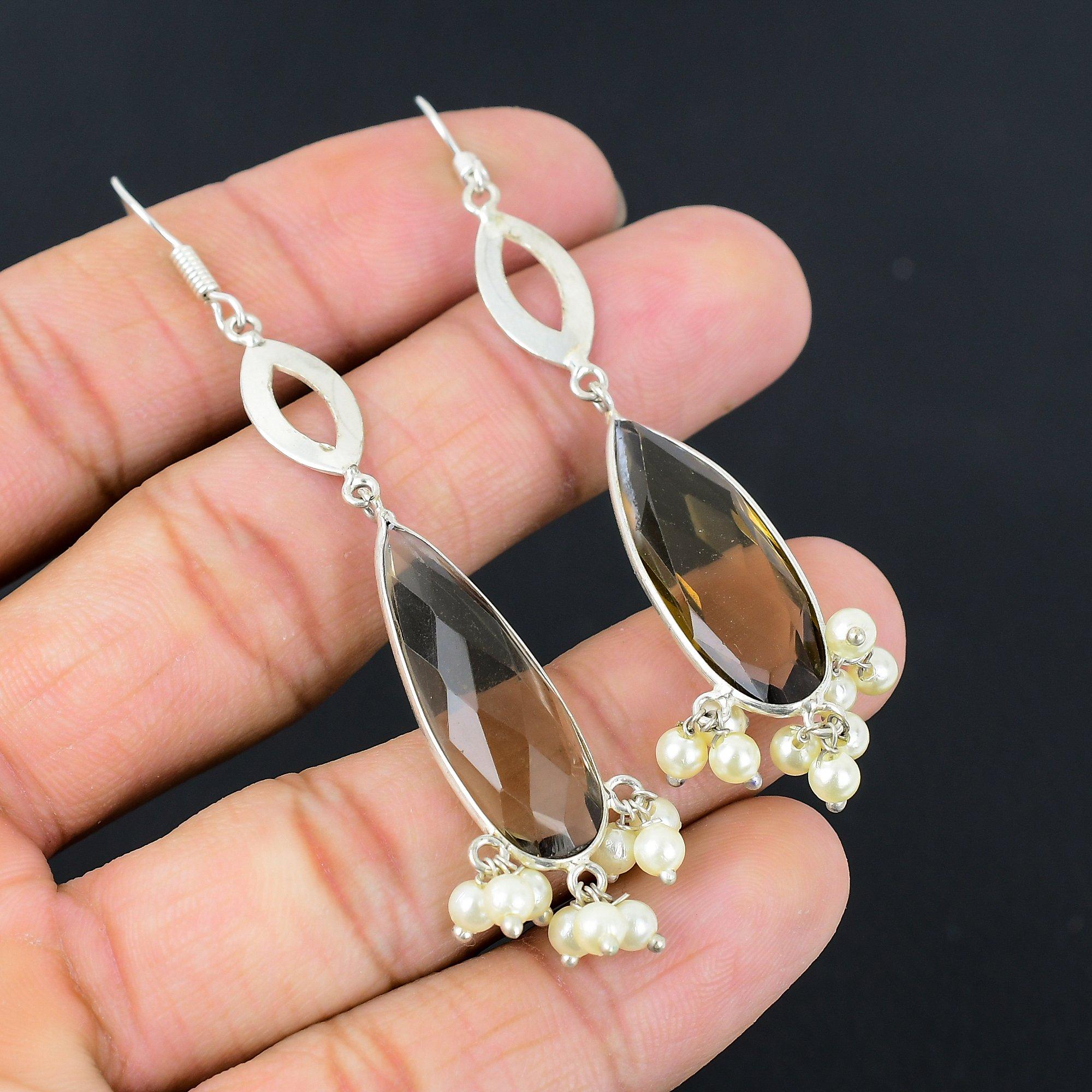 

Daughters Day Sale Natural Smokey Quartz Sister New Dangling Earrings 925 Silver