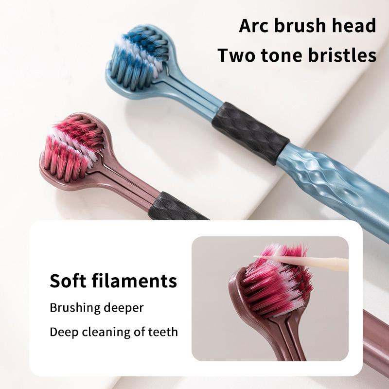 Soft Bristle 3D Triple Head Toothbrush For Adults With Tongue Scraper Home Care Manual Brush