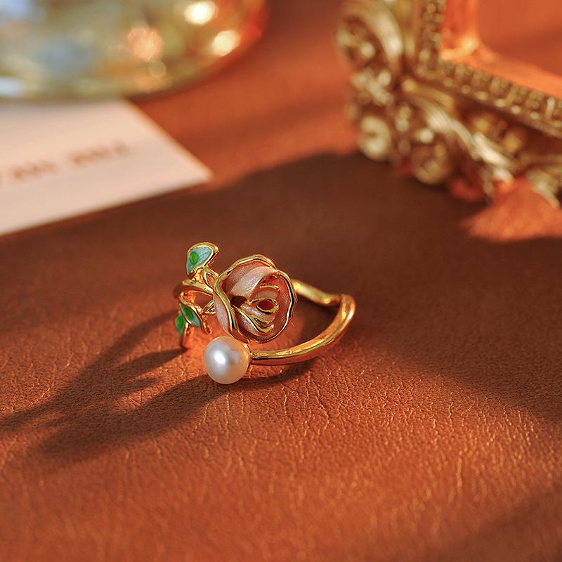 Retro smaltovaný květinový otevřený prsten - Vintage styl s kapkovým designem