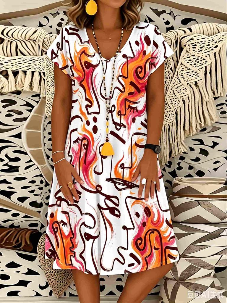 Streetwear Casual Women Dress Summer Short Sleeve V-Neck 3D Print Loose A-Line Dress Beach Sundress