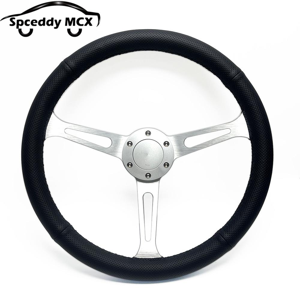 Spceddy MCX 15palcový JDM Černý Skutečná kůže Tuningový Sportovní Volant Klasický Závodní Volant Perforovaný 380mm Stříbrný