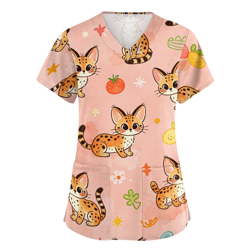 Women's V Neck Short Sleeve Work Top with Pockets Cute Animal Print Medical Scrub Shirt for Healthcare Professionals Nursing Uniform