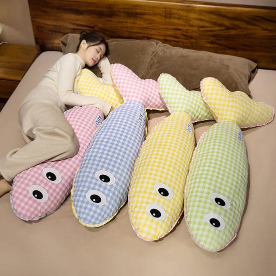 Stuffed Long Fish Pillow Cute Plaid Fish Cuddly Plush Toy Leg Pillow Back Support Headboard Cushion for Side Sleeping Sitting