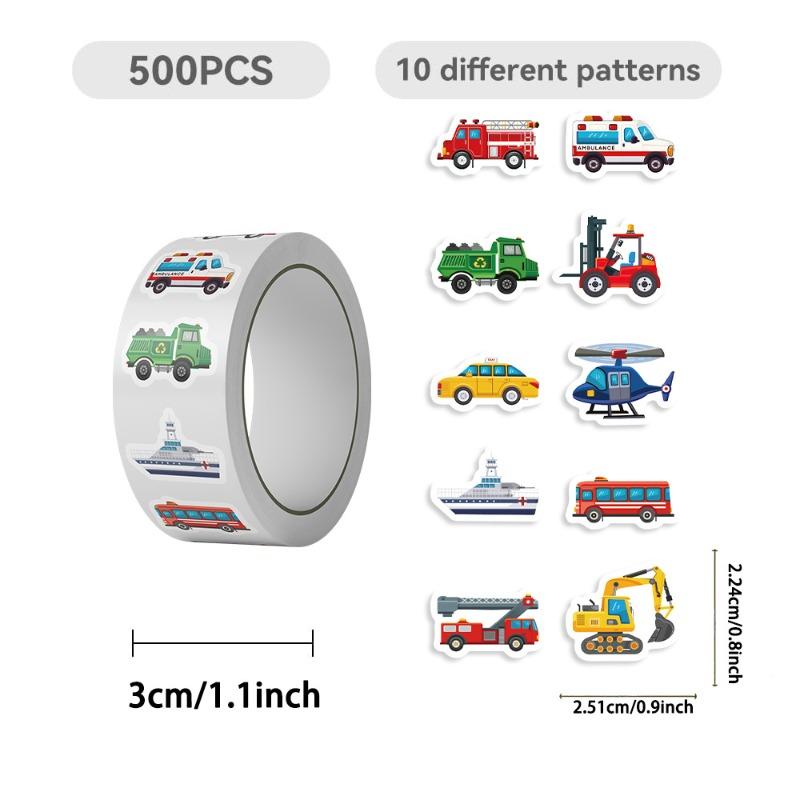 500 Pieces Per Roll Cartoon Truck Vehicle Children's Toy Rolls of Stickers Waterproof Decorative Luggage Box Stickers