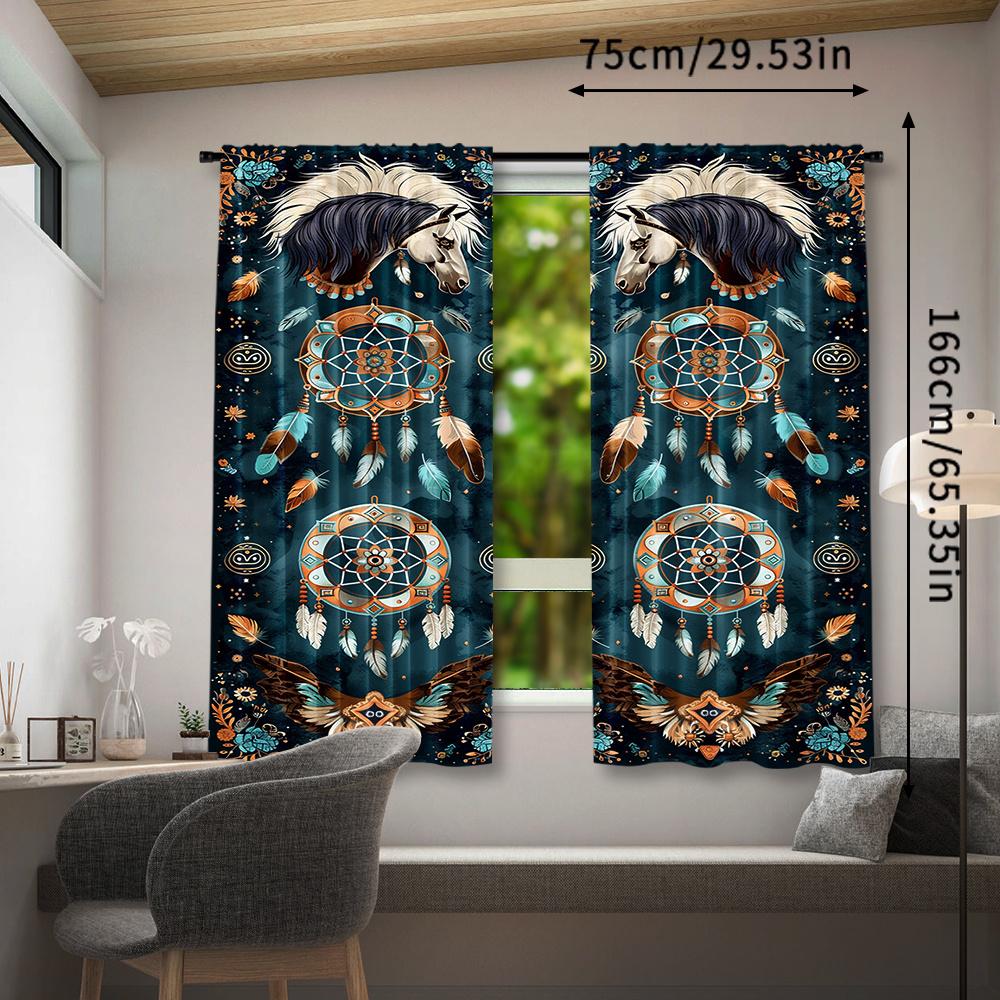 2-Piece Southwest Tribal Horse Dreamcatcher Pattern Curtains - Modern Polyester Pongee Semi-Sheer Window Drapes for Living Room