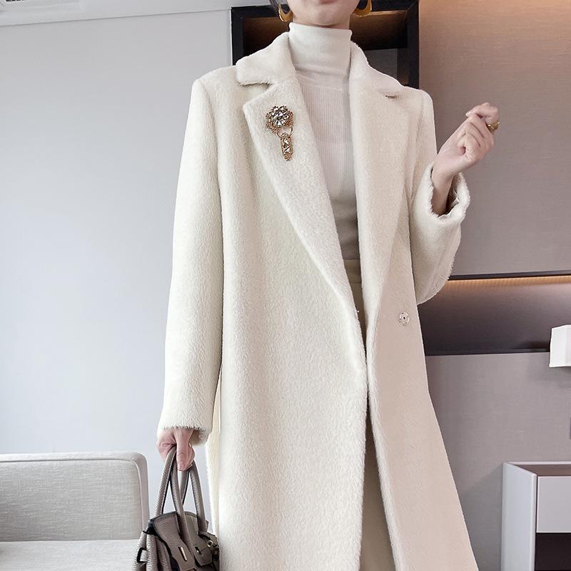 Women’s Versatile Mid-Length White Suri Alpaca Cashmere Wool Coat for Winter 2024
