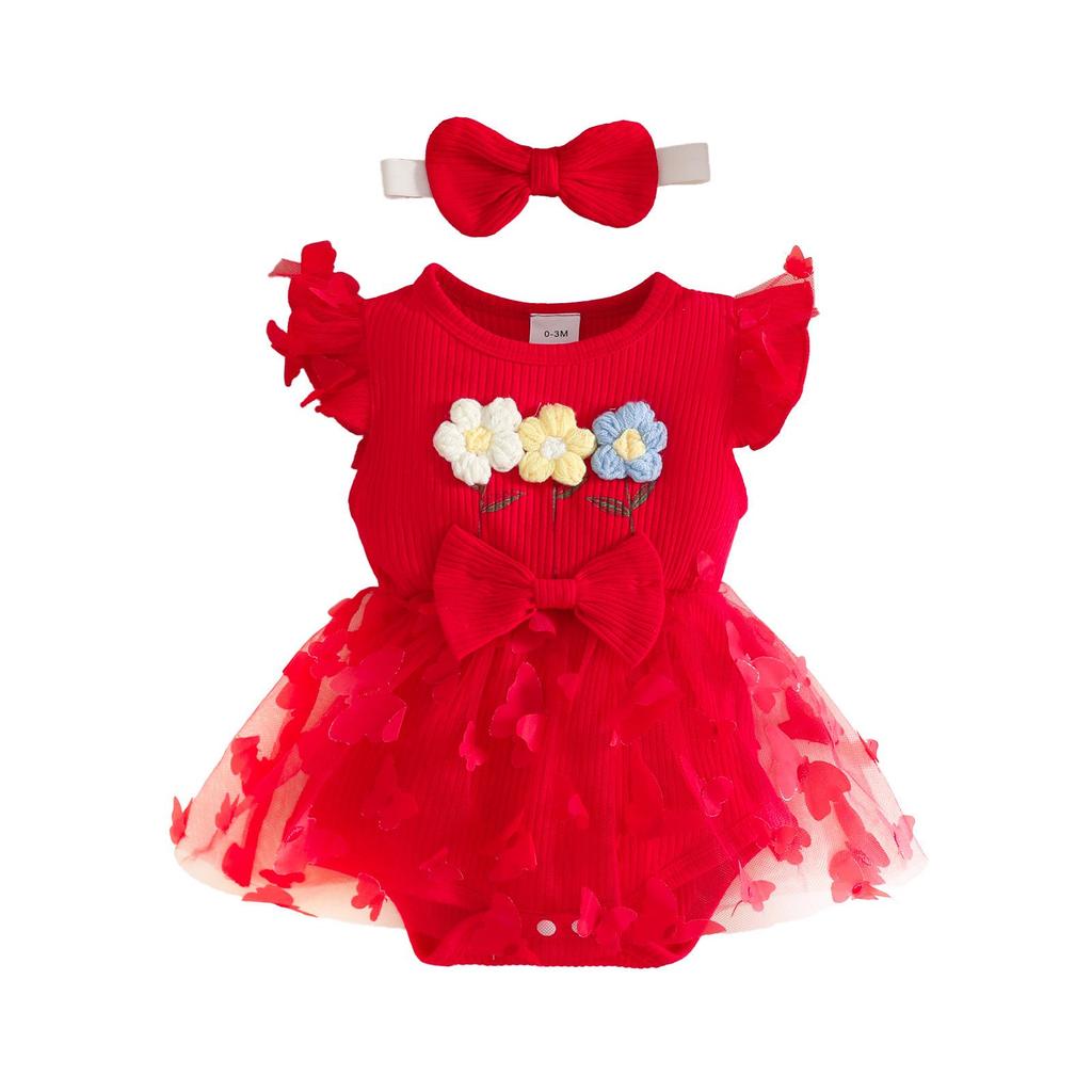 2026 Sommer Florales Baby-Kleid mit Puffärmeln & Geripptes Body-Set mit Haarreif & Schmetterlingsrock