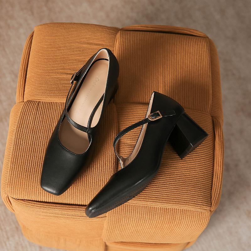 Кожаные туфли на плоской подошве для женской обуви Huizhou Su Yinyin такие же одинарные туфли корейская версия квадратная головка новые весенние туфли Mary Jane 34 чёрный 4924₽
