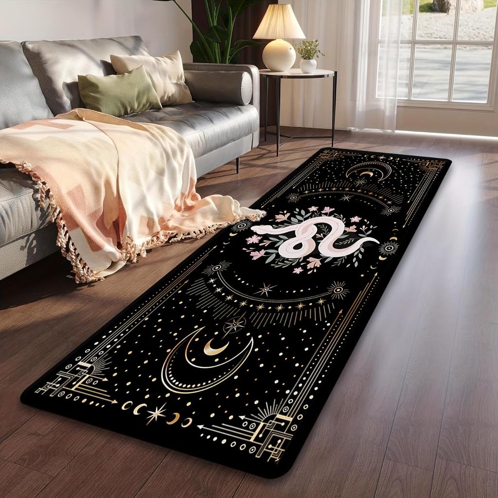 Mystical Tarot Snake Print Long Runner Rug, Black Gold Celestial Moon Star Pattern Non-Slip Washable Floor Mat for Entryway