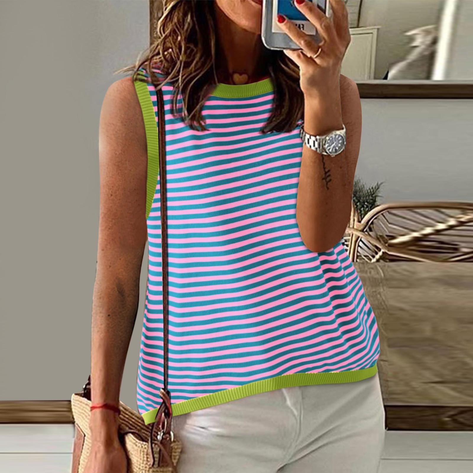 

Женские летние топы, повседневная полосатая водолазка с цветными блоками, жилет, свободная рубашка без рукавов с высоким и низким вырезом, блузка XL