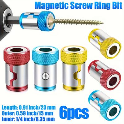 6pcs Magnetic Bit Holder Set, Non-Slip Magnetic Screw Ring Bits, Alloy Electromagnetic Rings, for 1/4" Hex Screwdriver & Power Bits