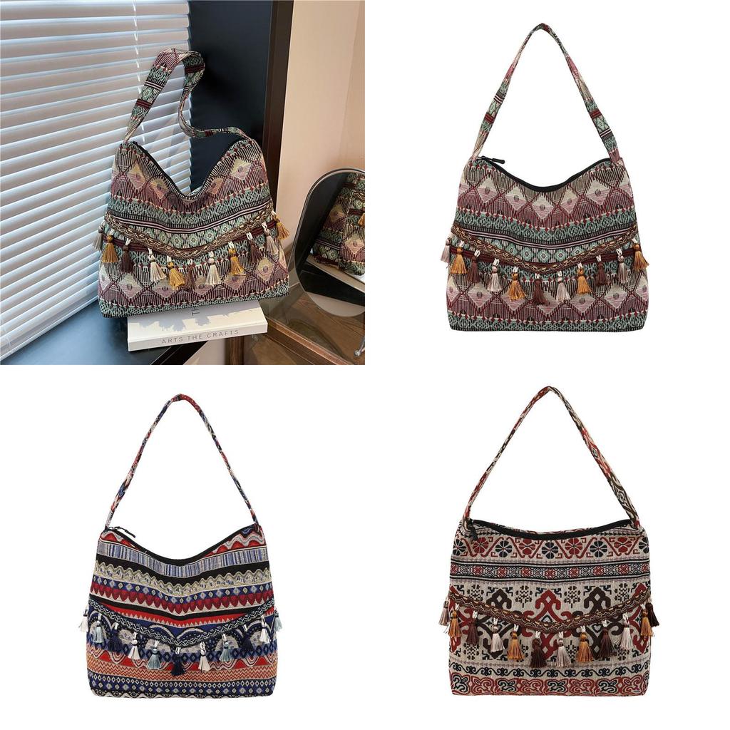 Ethnic Inspired Shoulder Bag Made From Special Material With Zipper Closure