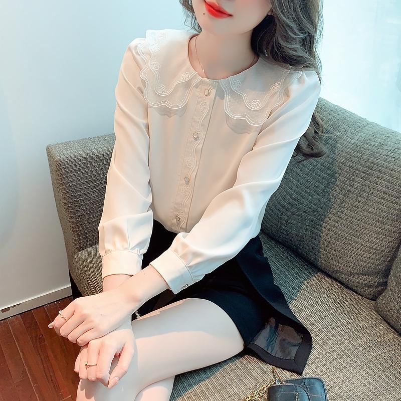 New 2024 Fashion Autumn Long Sleeve Doll Collar Casual Chiffon Blouse Shirt Women Tops Blouses Shirts J465