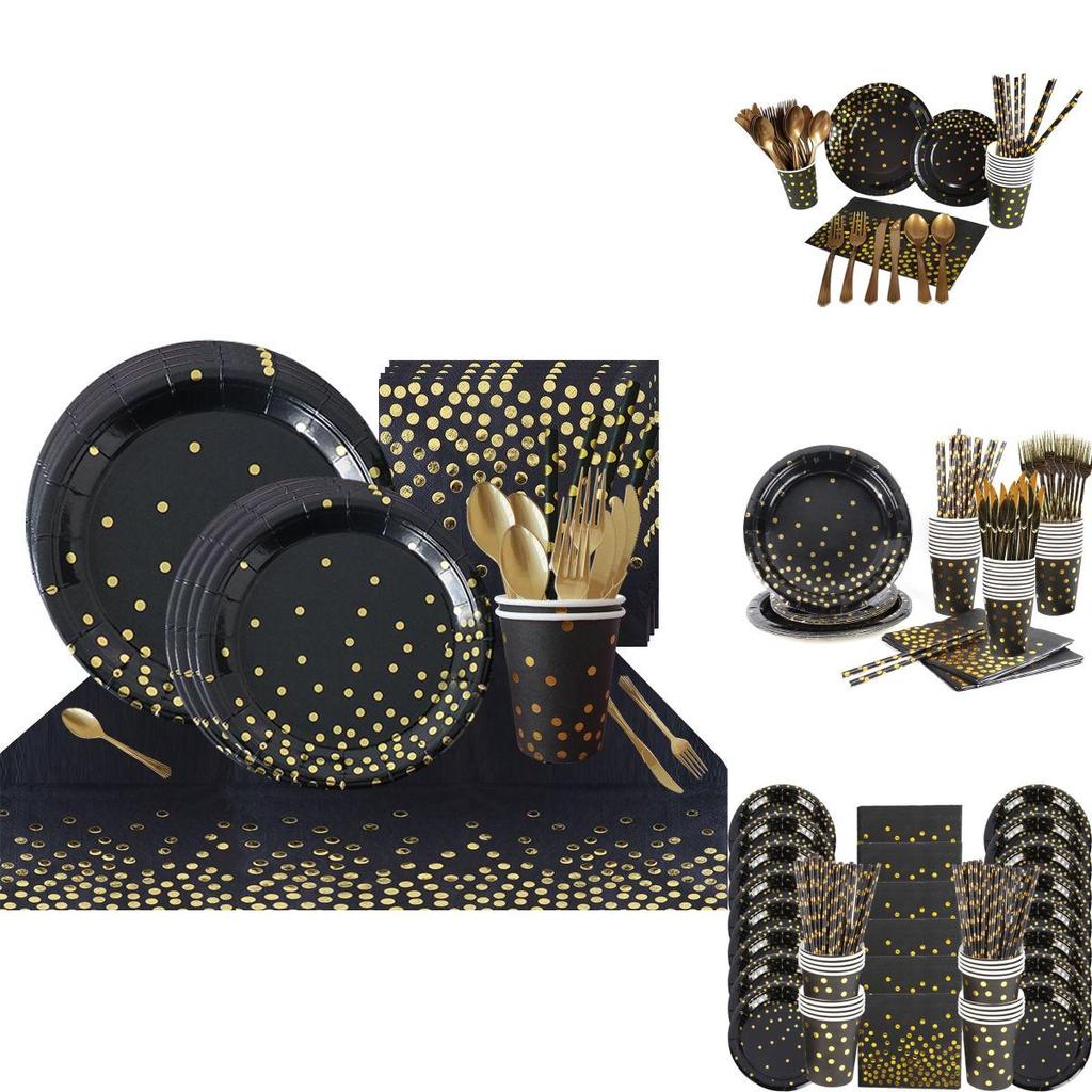 Elegant Black Gold Stamping Party Tableware Supply Perfect For Weddings Birthdays And Baby Showers
