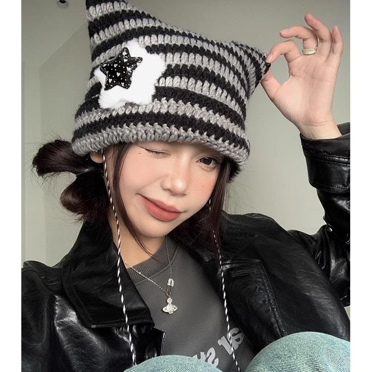 Japanese Style Cute Star Cat Wool Knit Hat - Warm & Versatile for Autumn/Winter