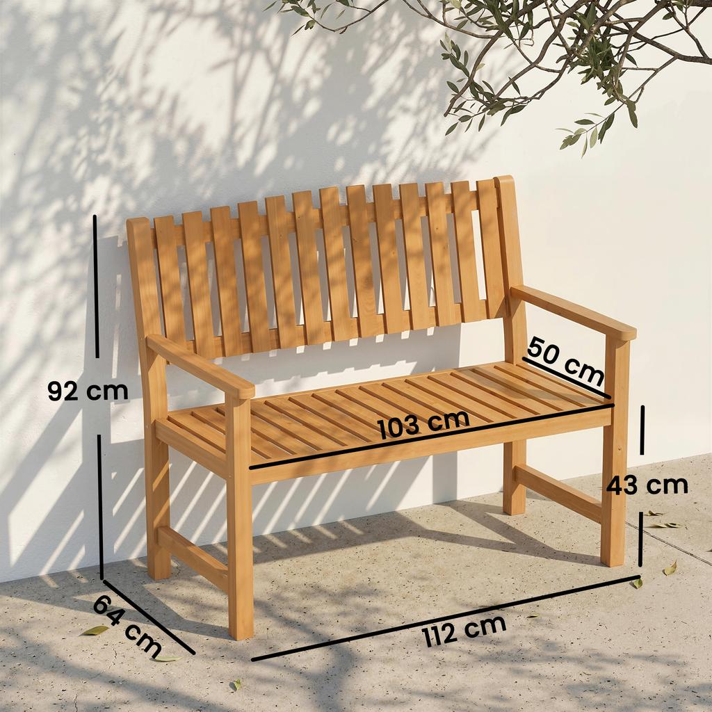 Garden Bench 2-Seater Weatherproof Wooden Bench with Slatted Design Armrests, Wooden Seating Bench Up To 320 Kg 112 X 64 X 92 Cm Natural Wood