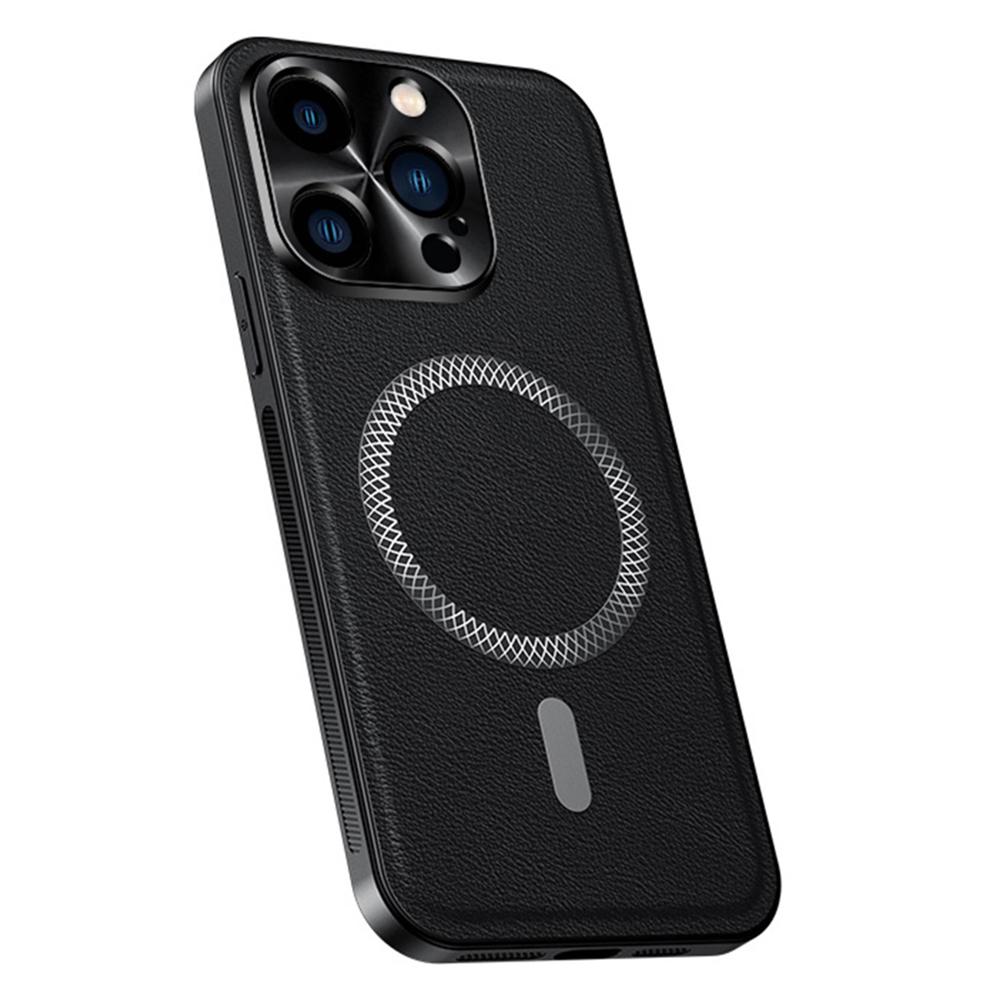 For iPhone 15 Pro Max Case Compatible with MagSafe PU TPU PC Phone Back Cover with Metal Lens Frame