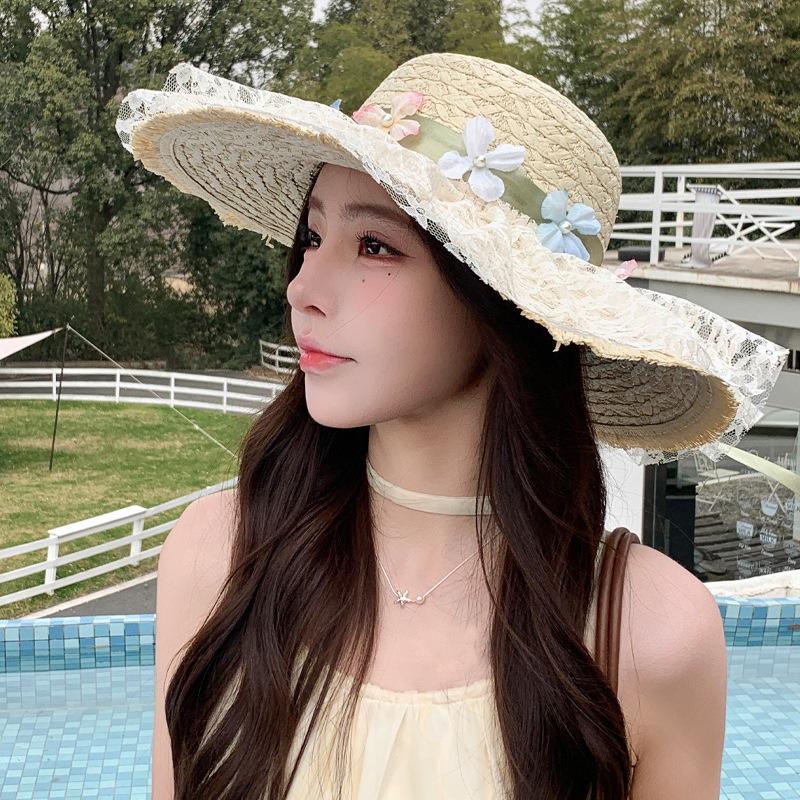 Korean sweet flower big brim sun hat women's summer outing beach hat sunshade straw straw hat