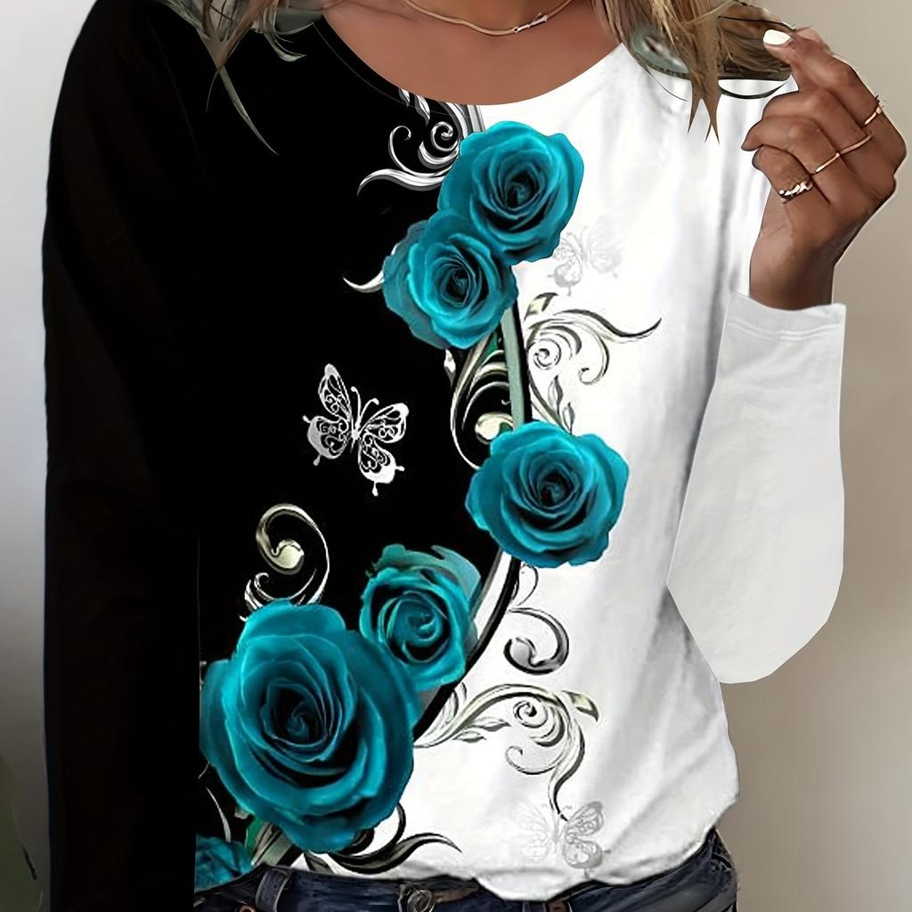 Dam Långärmad Blommor och rosor Mönster T-shirts Toppar 2024 Höst Ny Mode Damtopp Harajuku Rolig Pullover Kläder