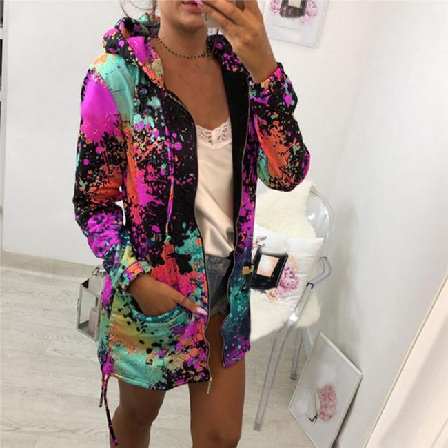 Mode Herbst Winter Frauen Strickjacke Femme Multicolor Druck Mit Kapuze Mantel Zipper Jacke Sportswear
