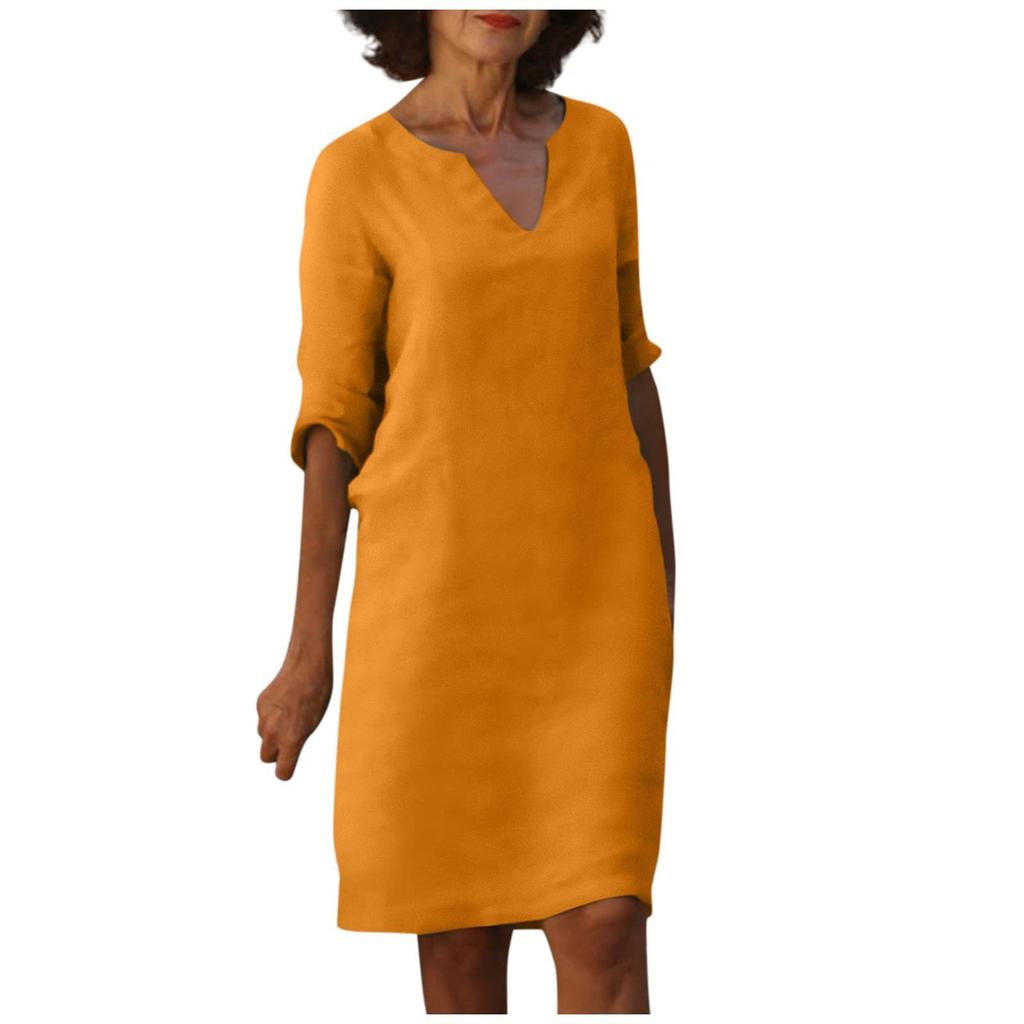 Women'S Retro Solid Color V-Neck Mid-Sleeve Tunic Dress - Easy-Care Knee-Length All-Season Comfort Non-Stretch