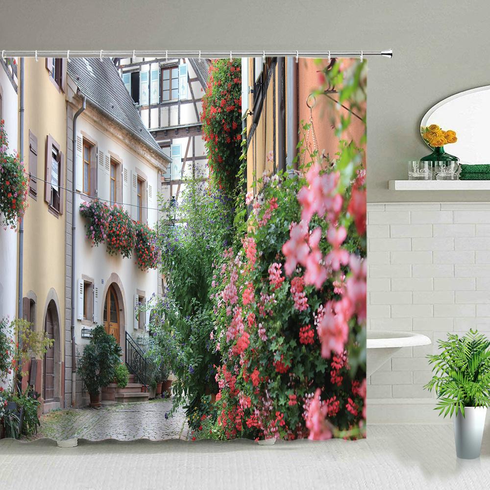 3d Nordic Italy Street Alley Shower Curtain Garden Flowers Scenery Retro Design Cloth Curtains Waterproof Home Bathroom Decor