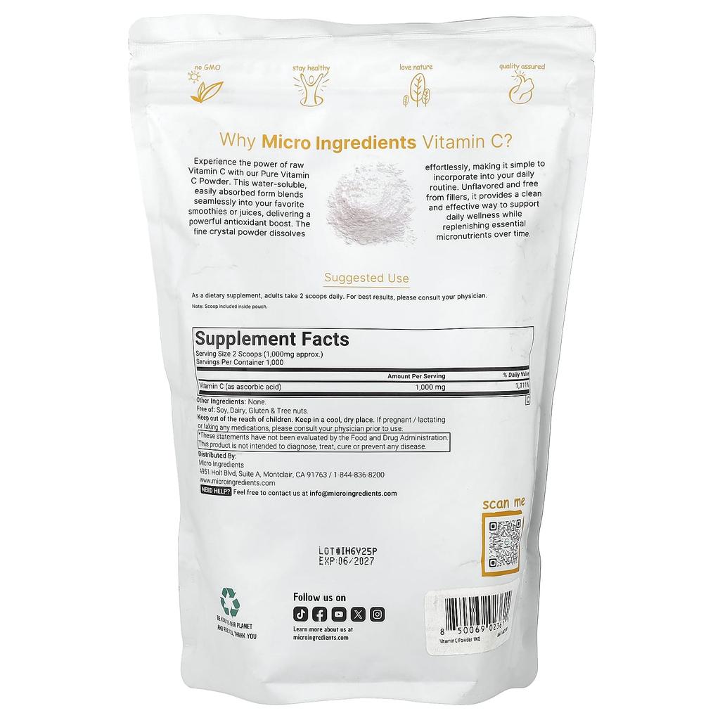Micro Ingredients, Vitamin C Powder, Unflavored, 1kg (2.2lb)