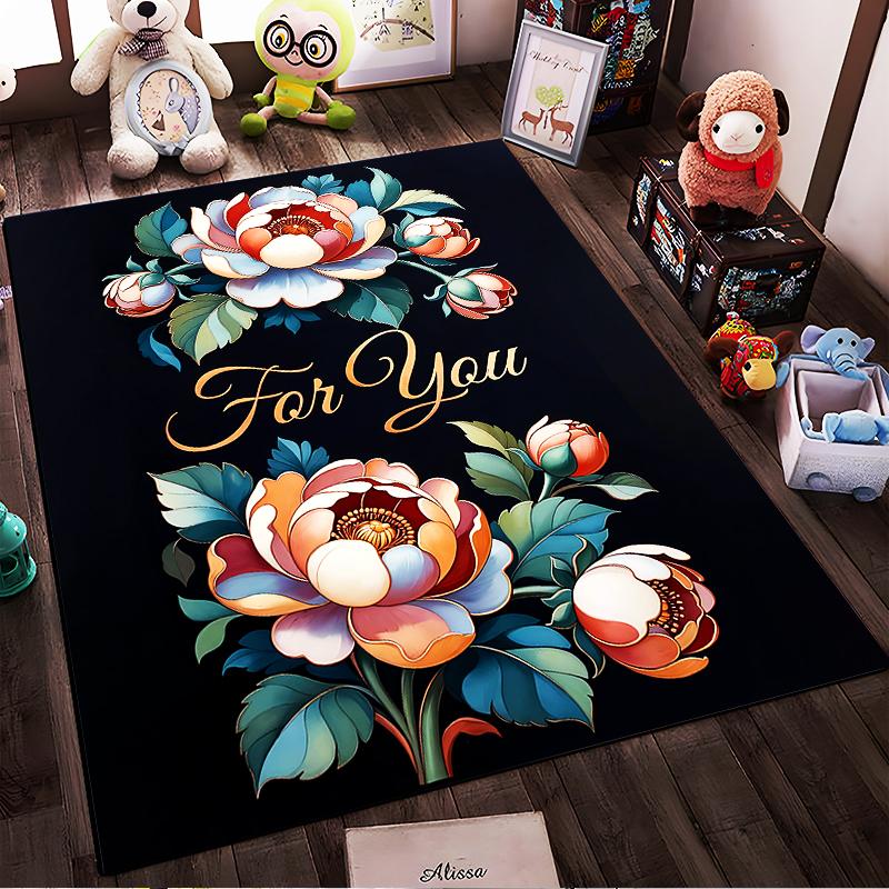 Elegant Floral Carpet with "For You" Text and Vibrant Peony Design Suitable for Use As an Anti-slip for Living Room Bedroom Sofas