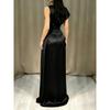 New Satin Round Neck Long Dress, High Waist Pleated Elegant Evening Party Gown