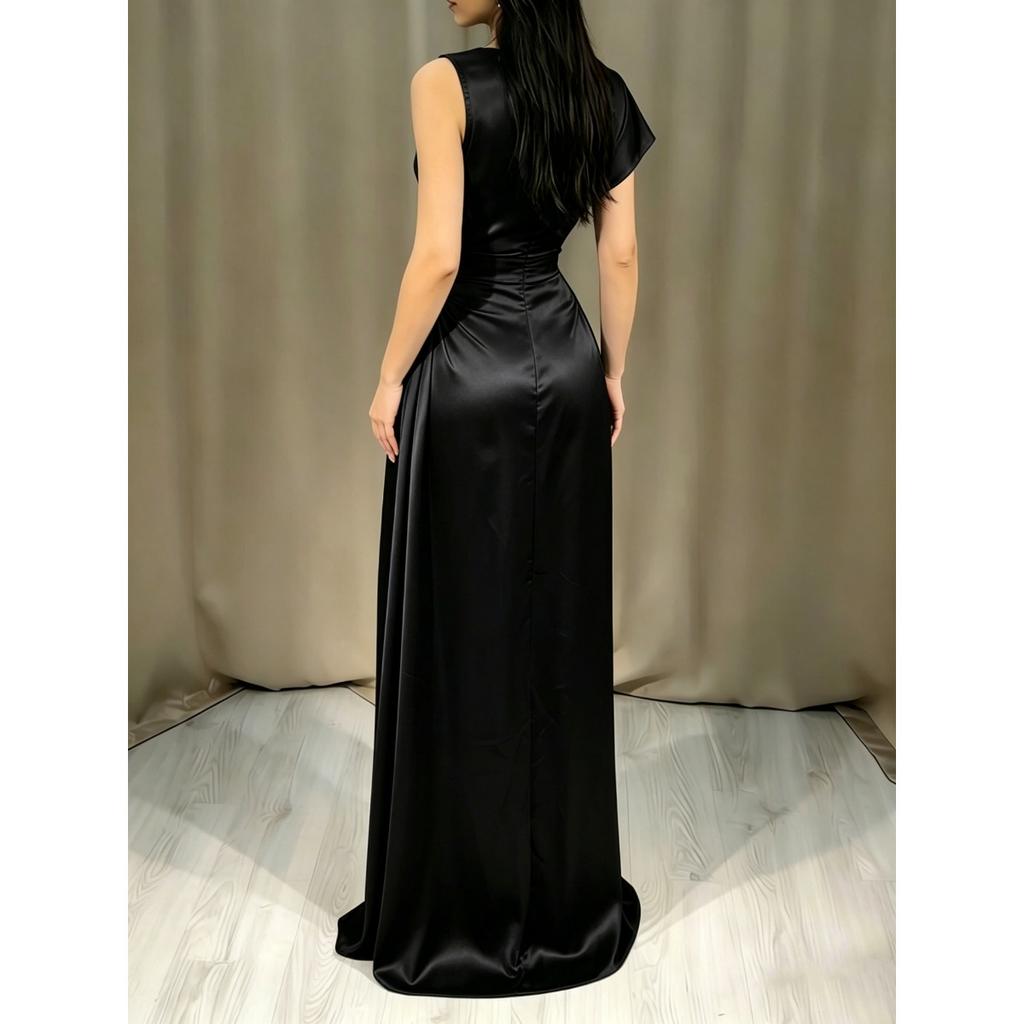 New Satin Round Neck Long Dress, High Waist Pleated Elegant Evening Party Gown