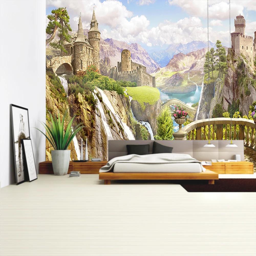 Balcony City Castle Hill Green Plant Landscape Printing Tapestry  Cheap Hippie Wall Hanging Bohemian Wall Tapestries